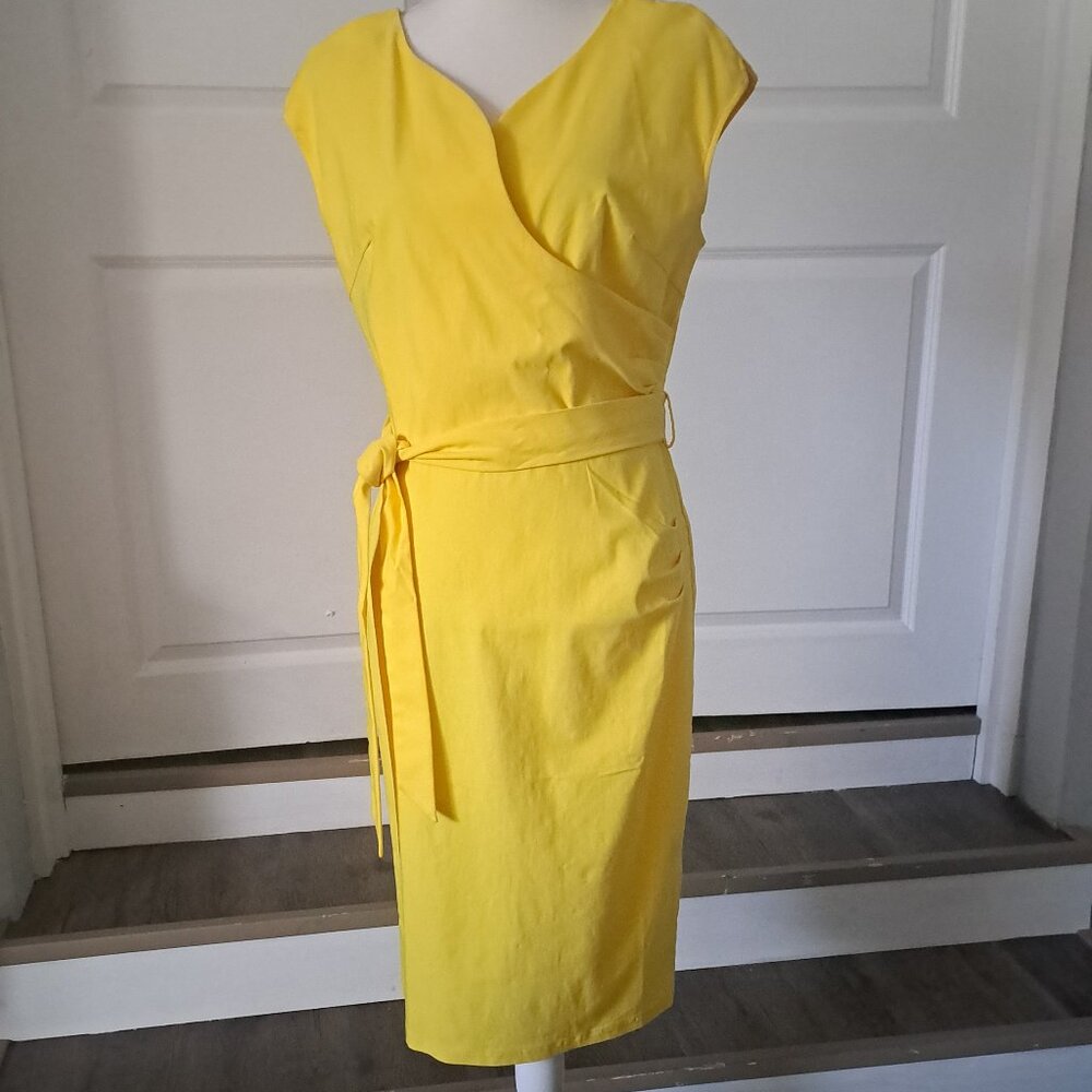 MUXXN Vintage 1950s Sryle Wrap V Neck Tie Waist Yellow Dress XL NWT